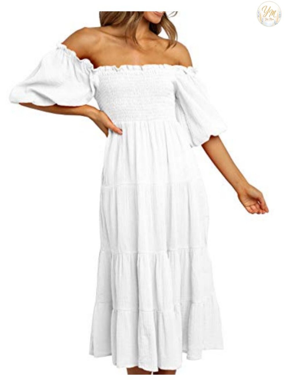 Women's Cotton Off-Shoulder A-Line Midi Dress Puff Sleeve Ruffle Summer